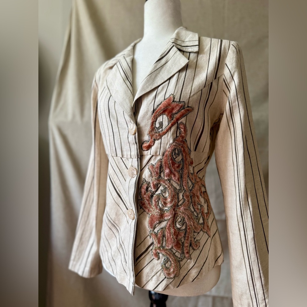 100% Linen Made in Italy Striped Blazer with Embellishment- S